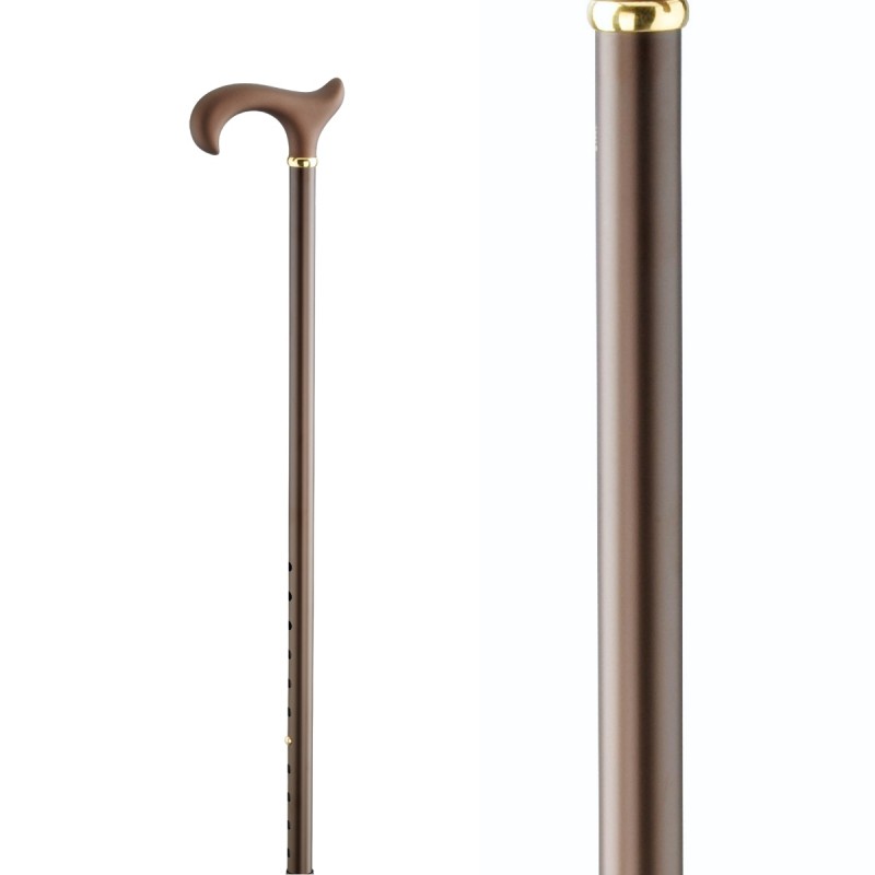 Belle canne extra-longue en aluminium bronze poignée Derby velours. Un appui très solide.