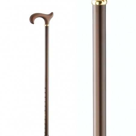 Belle canne extra-longue en aluminium bronze poignée Derby velours. Un appui très solide.