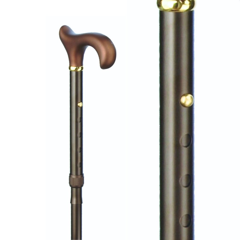 Belle canne pliante extra-longue en aluminium bronze poignée Derby. Appui très solide.