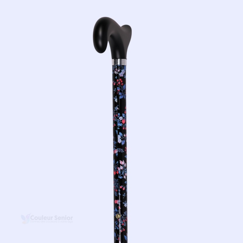 Vue complète de la canne de marche réglable noire avec fleurs bleues poignée noire en bois