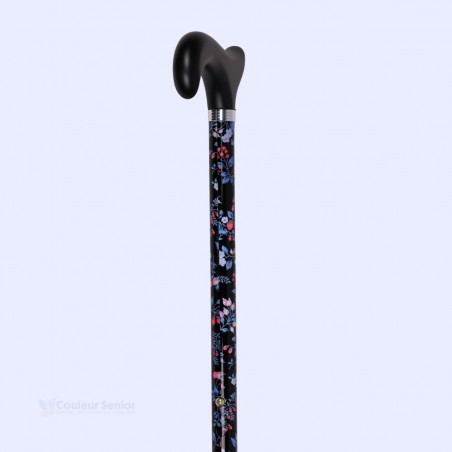 Vue complète de la canne de marche réglable noire avec fleurs bleues poignée noire en bois