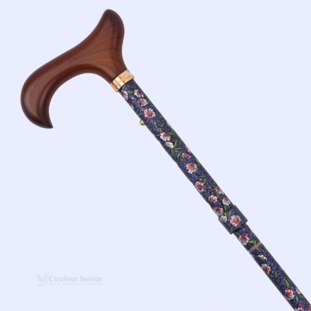 Canne pliante réglable en aluminium de luxe motif fleurs, avec poignée en bois Derby élégante.