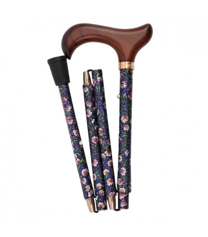 Canne pliante réglable en aluminium, florale, pour femme, avec poignée en bois élégante.