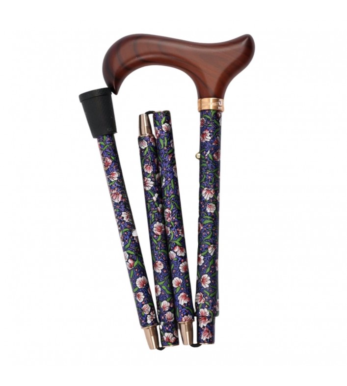 Canne pliante réglable en aluminium, florale, pour femme, avec poignée en bois élégante.