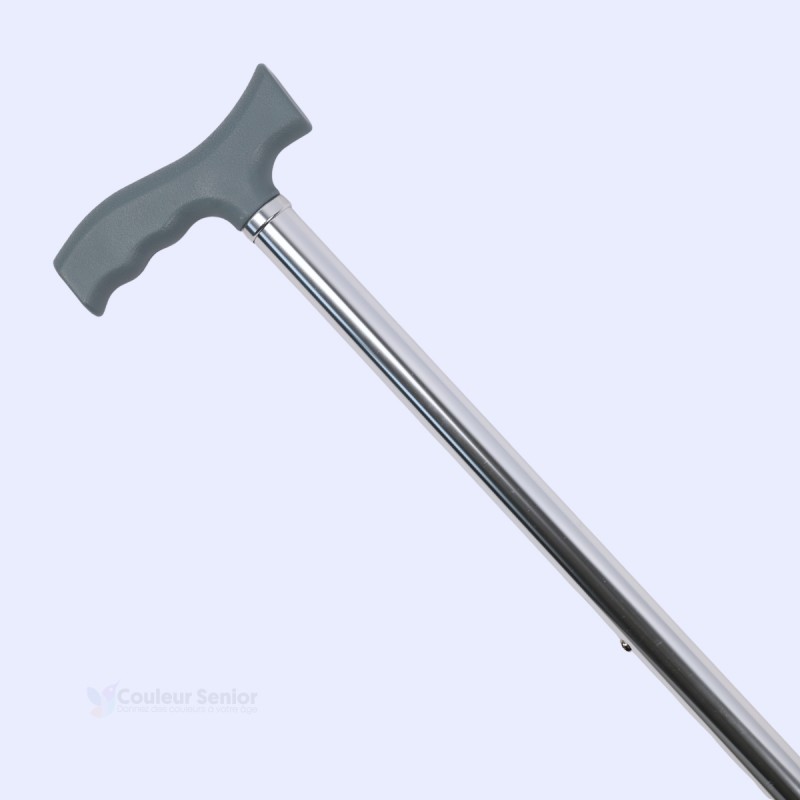 Détail du système de pivotement et du téton de réglage permettant d'inverser facilement la poignée de la canne