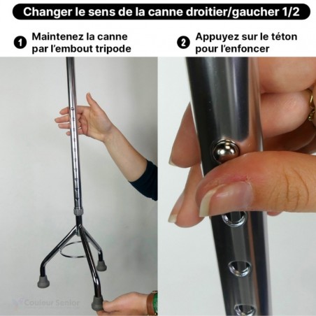 Schéma ou visuel technique présentant les dimensions de la canne de marche tripode, réglable de 72,5 à 95,3 cm