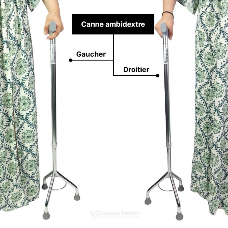 Personne âgée s'appuyant en toute confiance sur sa canne tripode ambidextre pour monter une marche ou se déplacer