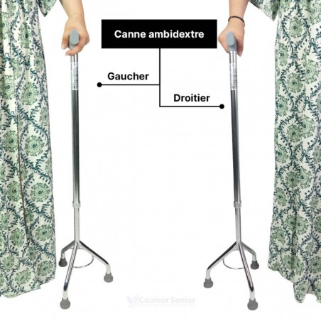 Personne âgée s'appuyant en toute confiance sur sa canne tripode ambidextre pour monter une marche ou se déplacer