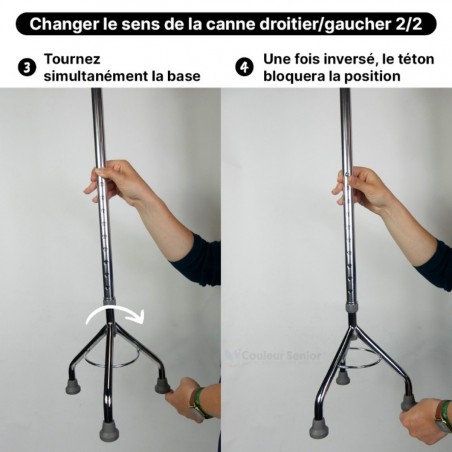 Photo illustrative de la canne de marche tripode réglable ambidextre trés facile à régler pour se déplacer.