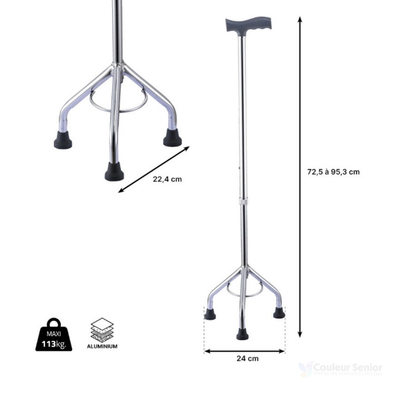 Dimensions et fiche technique de la canne de marche tripode réglable ambidextre légère et pratique