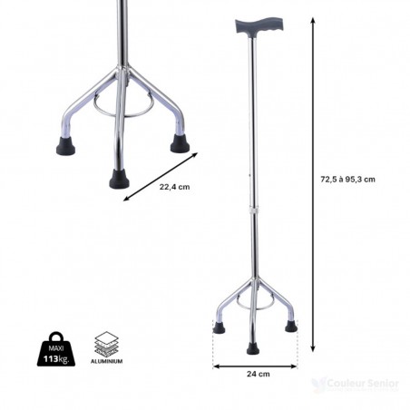 Dimensions et fiche technique de la canne de marche tripode réglable ambidextre légère et pratique