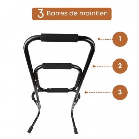 Détail des trois barres de maintien ergonomiques, parfaites pour la sécurité à domicile.