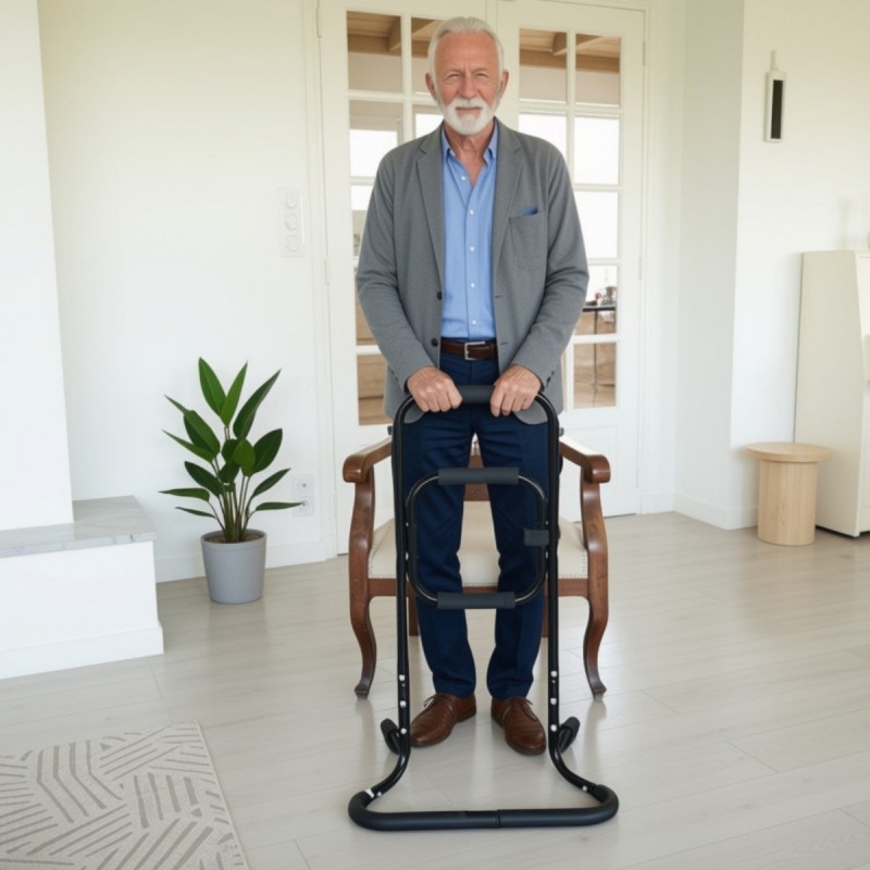 Senior debout, sécurisé par le dispositif d'aide au lever : un véritable soutien au quotidien.