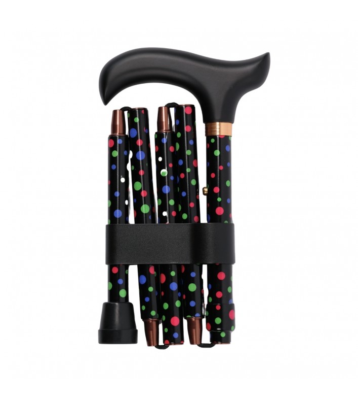 Canne de marche pliante élégante de couleur noire parsemée de pois colorés gais, présentée en vue d'ensemble sur fond neutre