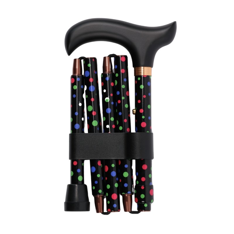 Canne de marche pliante élégante de couleur noire parsemée de pois colorés gais, présentée en vue d'ensemble sur fond neutre