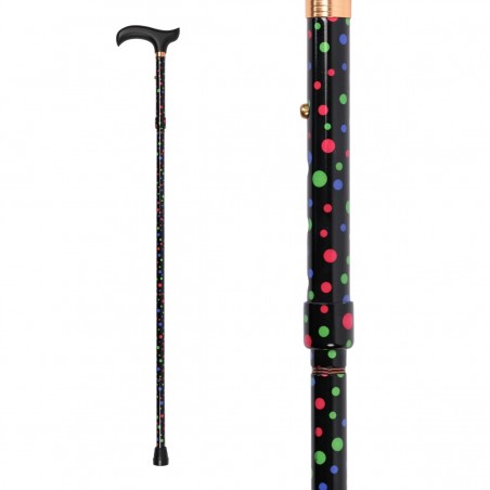Gros plan sur le tube en aluminium robuste et léger habillé de motifs de pois multicolores originaux