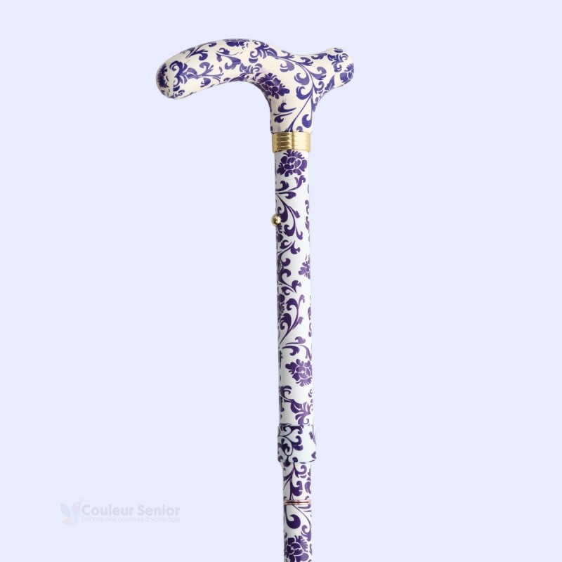 Détail poignée en T : canne de marche , motif cachemire violet, cadeau pour femme original.