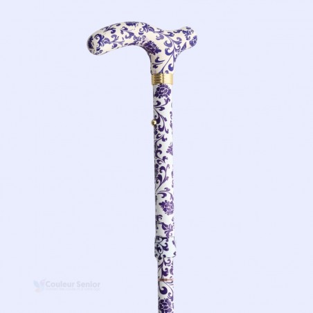 Détail poignée en T : canne de marche , motif cachemire violet, cadeau pour femme original.
