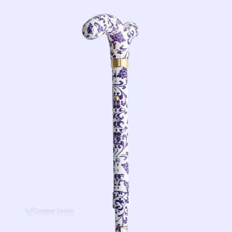 Système réglable de cette canne de marche pour femme. Cadeau original remboursable en cachemire violet.
