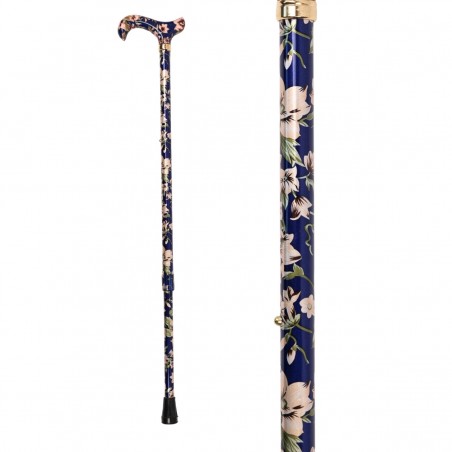 Motif floral royal bleu sur canne de marche pour femme élégante. Superbe poignée Derby originale.