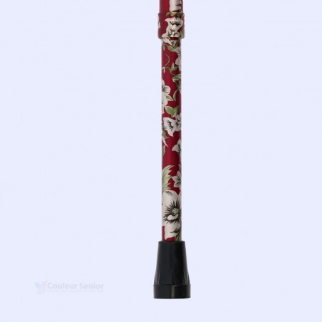 Embout stable pour canne de marche, fleurs beiges, sur aluminium rouge, pour femme, avec poignée Derby en bois.