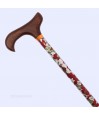 Détail floral d'une élégante canne de marche de luxe en aluminium avec poignée Derby en bois. Éligible au remboursement.