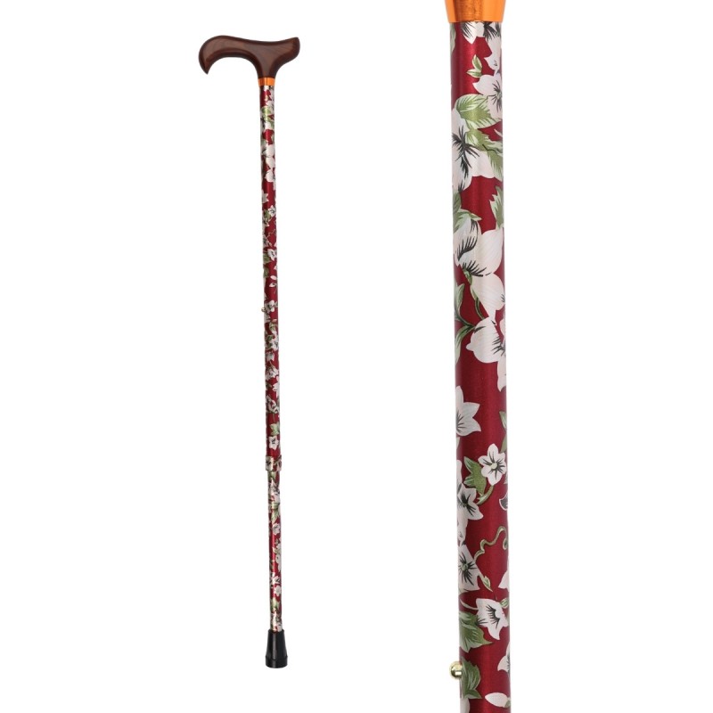Canne de marche en aluminium de luxe pour femme, motif floral élégant et poignée Derby en bois.