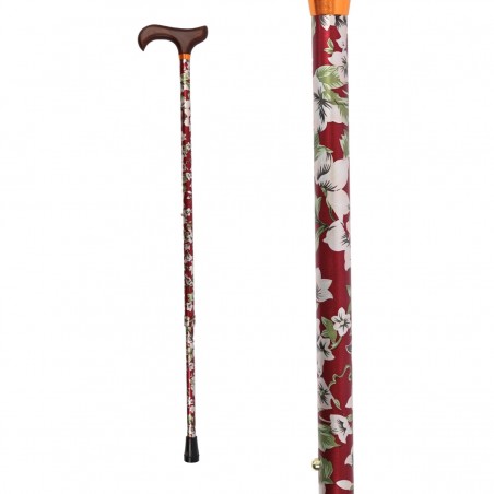 Canne de marche en aluminium de luxe pour femme, motif floral élégant et poignée Derby en bois.