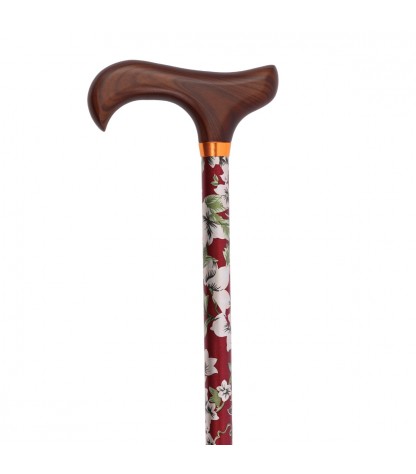 Canne de marche élégante pour femme, motif floral beige sur fond bordeaux, avec poignée Derby en bois.
