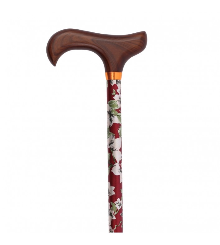 Canne de marche élégante pour femme, motif floral beige sur fond bordeaux, avec poignée Derby en bois.