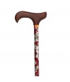Canne de marche élégante pour femme, motif floral beige sur fond bordeaux, avec poignée Derby en bois.