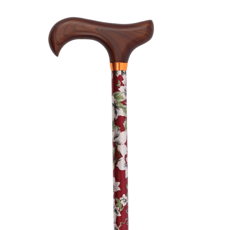 Canne de marche élégante pour femme, motif floral beige sur fond bordeaux, avec poignée Derby en bois.