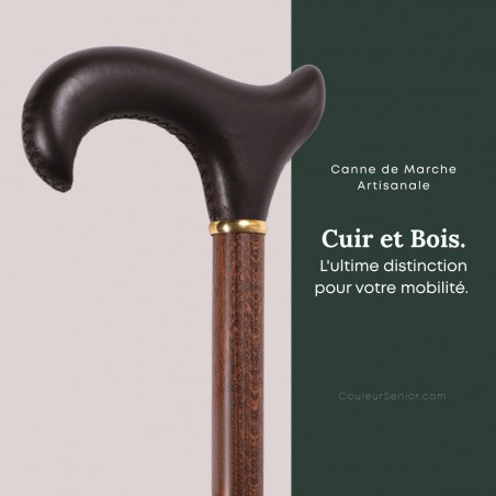 Détail de la poignée L-Derby en cuir de vachette moka cousue main de la canne Gastrock