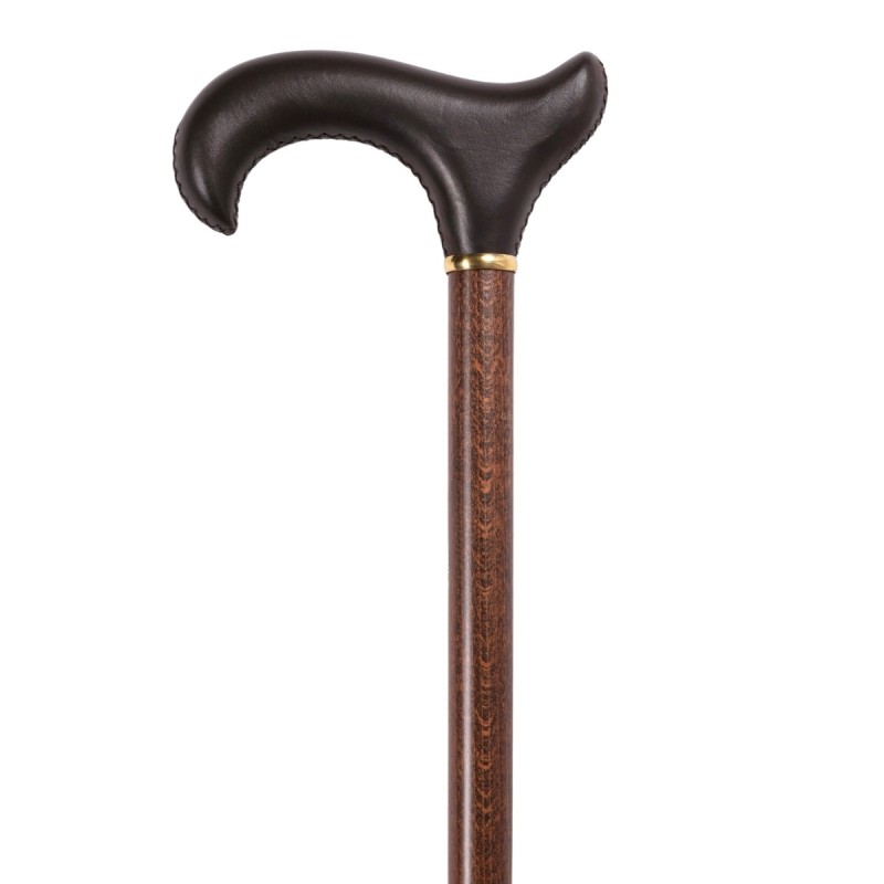 Canne de marche en bois, poignée en cuir noir. Fait à la main en Europe, idéal à offrir en cadeau.