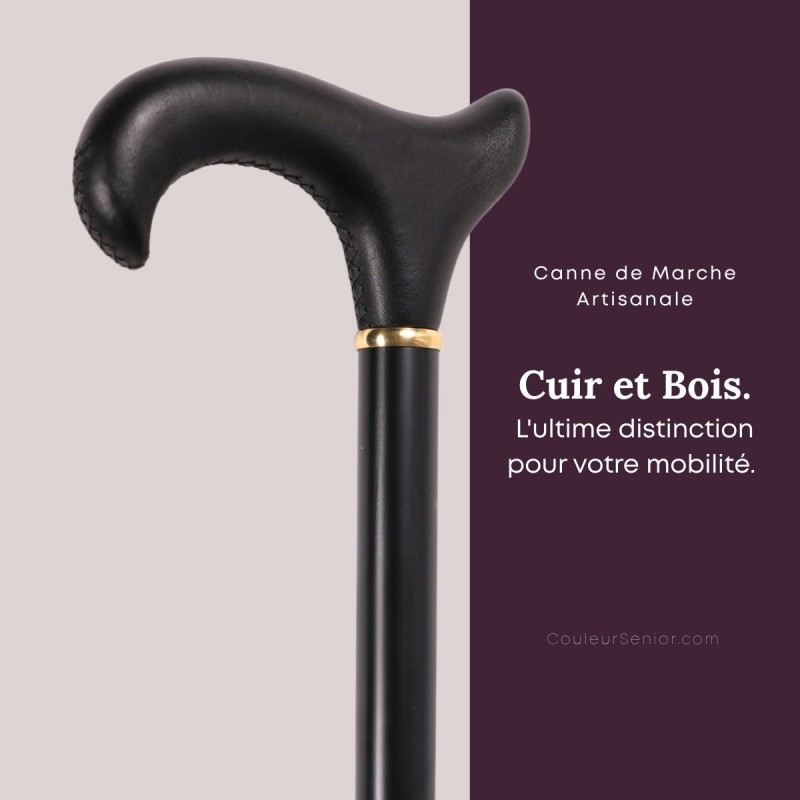 Poignée Derby en cuir de vachette noir cousue à la main, canne de marche haut de gamme