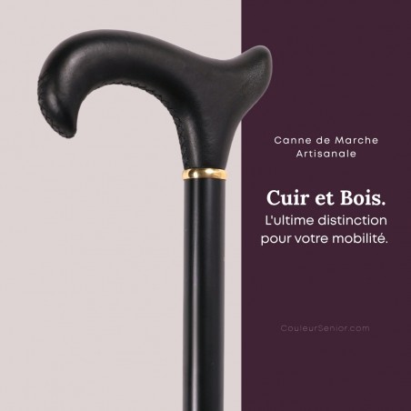 Poignée Derby en cuir de vachette noir cousue à la main, canne de marche haut de gamme