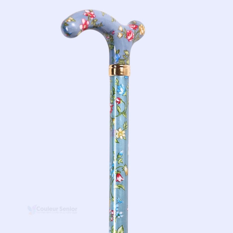 Motif floral anglais sur fond bleu glacier au fini brillant, canne de marche élégante