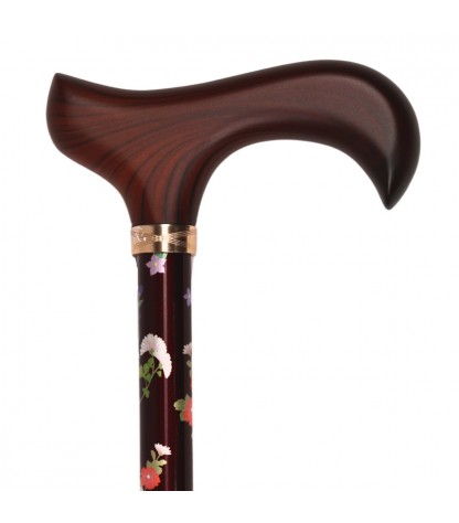 Canne de marche réglable, sobre, motif fleuri sur fond marron. Sutile et élégante.