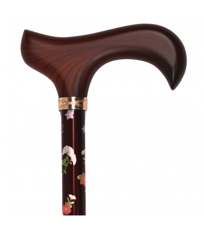 Canne de marche Kimono réglable, sobre, motif fleuri sur fond marron. Sutile et élégante.