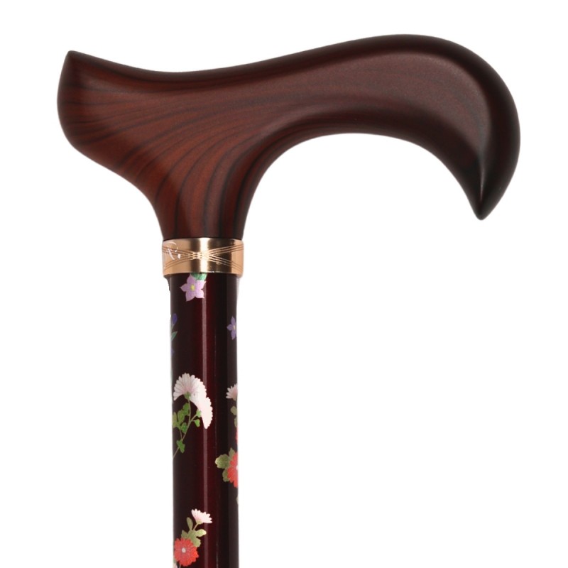 Canne de marche Kimono réglable, sobre, motif fleuri sur fond marron. Sutile et élégante.