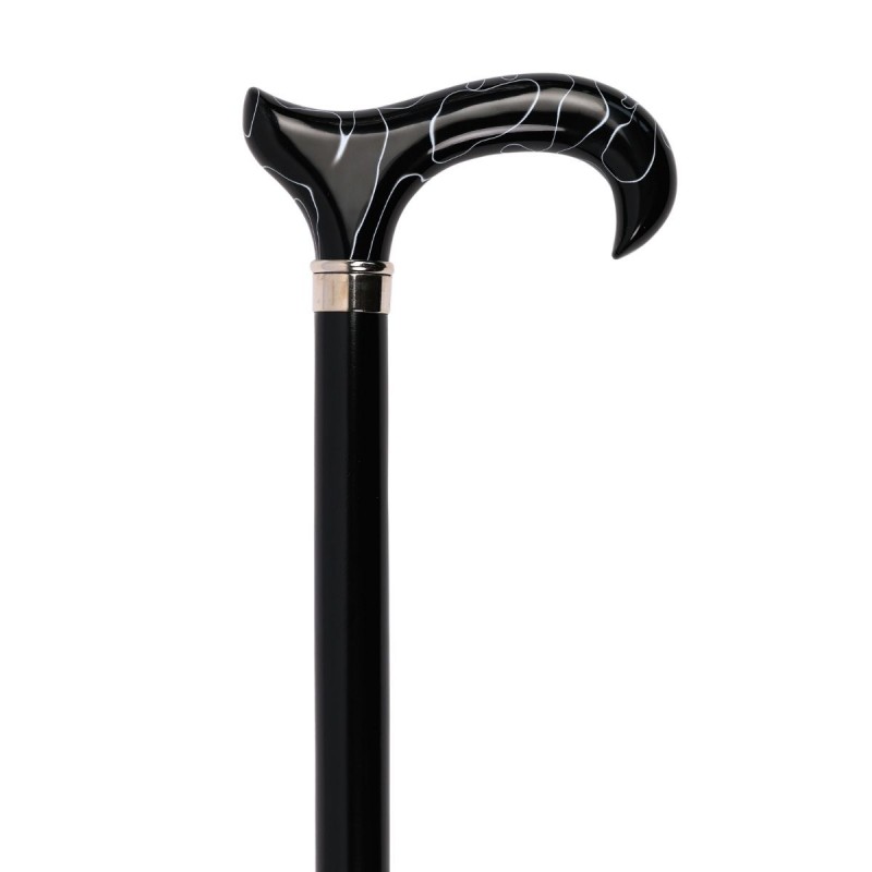 Canne de marche de luxe avec poignée Derby en méthacrylate noir et blanc. Très élégante, idéale pour homme comme pour femme.