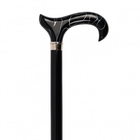 Canne de marche de luxe avec poignée Derby en méthacrylate noir et blanc. Très élégante, idéale pour homme comme pour femme.
