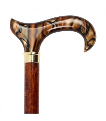 Poignée finition ambre ou caramel sur une canne en bois, très élégante, pour homme et femme.