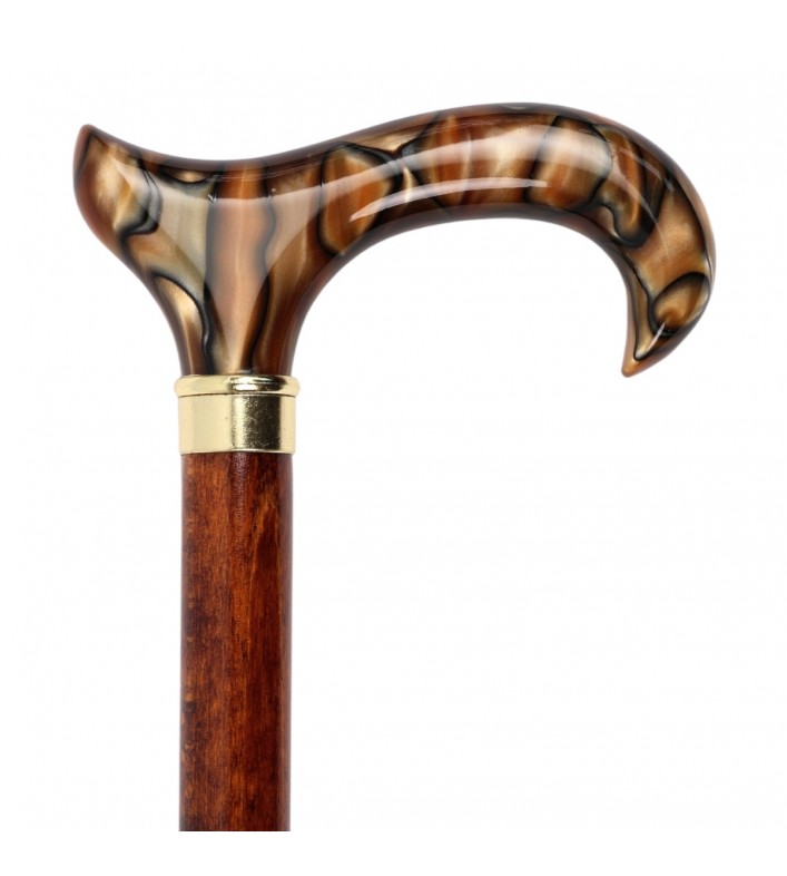 Poignée finition ambre ou caramel sur une canne en bois, très élégante, pour homme et femme.