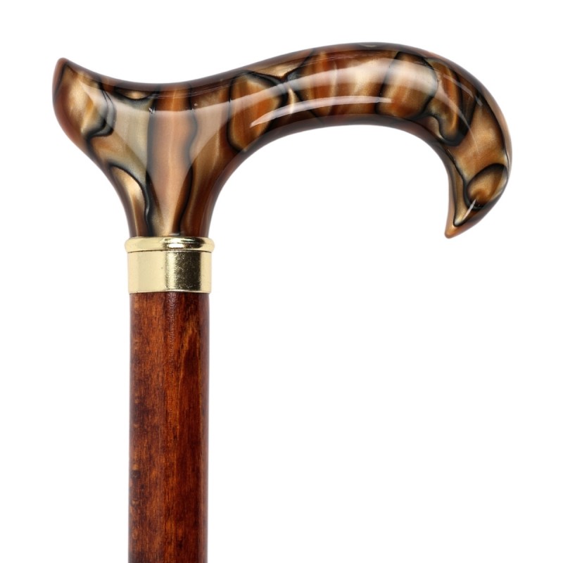 Poignée finition ambre ou caramel sur une canne en bois, très élégante, pour homme et femme.