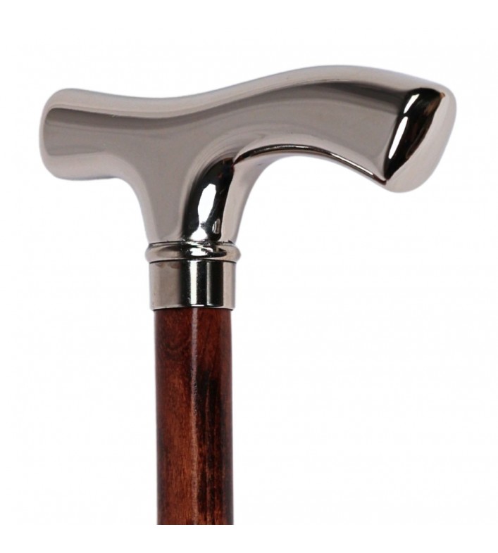 Poignée de canne en bois, finition nickelée, élégante et moderne, pour homme ou femme.