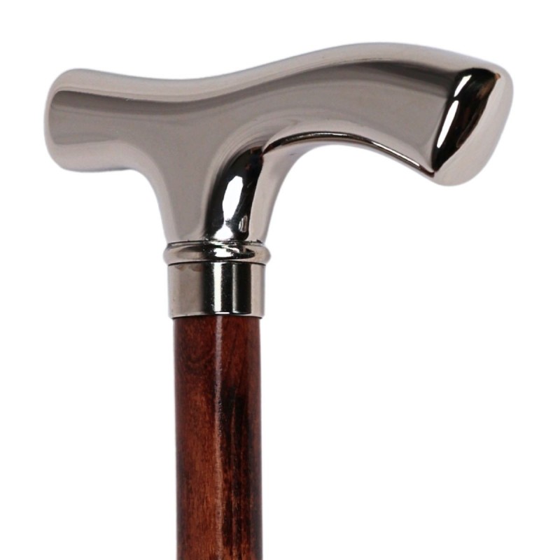 Poignée de canne en bois, finition nickelée, élégante et moderne, pour homme ou femme.