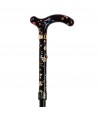 Canne réglable pliante, petite taille, noire fleurie, motif pivoine.