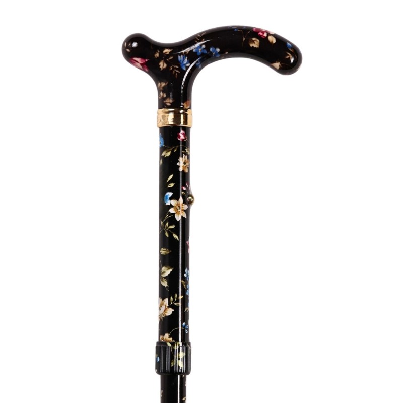 Canne réglable pliante, petite taille, noire fleurie, motif pivoine.