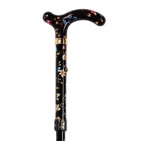 Canne réglable pliante, petite taille, noire fleurie, motif pivoine.